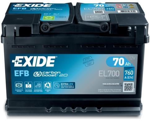 EL700, АКБ Exide Start-Stop EFB 12V 70Ah 760EN 278x175x190 -/+,
