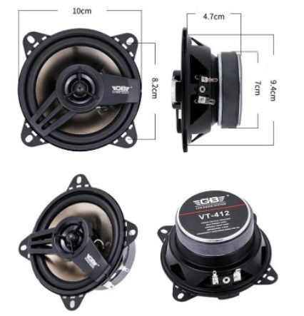 VT412, Автомобильные колонки,
Автомобильные колонки GB VT-412
Тип динамиков	коаксиальные 
Количество полос	2 
Пиковая мощность	120 Вт
Номинальная мощность	30 Вт
Частотный диапазон	80-20000 Гц
Чувствительность	88 Дб
Импеданс	4 Ом
Монтажная глубина	48.2 мм
Цвет	чёрный 