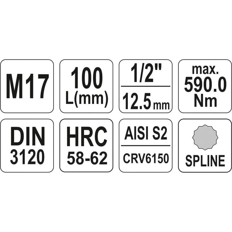 YT-04357, 1/2" Головка-бита Spline удлиненная M17, L=100 мм,
1/2" Головка-бита Spline удлиненная M17, L=100 мм