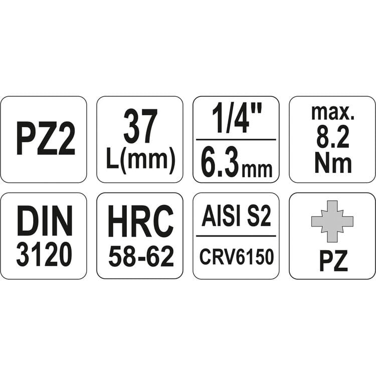 YT-04418, 1/4" Головка-бита крестовая РZ2 L=37 мм