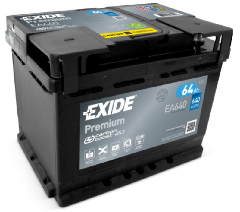 EA640, АКБ Exide PREMIUM 12V 64Ah 640EN 242x175x190 -/+,
Концерн Exide Technologies, производитель аккумуляторных батарей Exide, – старейший и ведущий мировой производитель стартерных свинцово-кислотных аккумуляторов, работающий на рынке с 1888 года.

Аккумуляторы Exide выдерживают интенсивную эксплуатацию - частые пуски двигателя в условиях плотного городского движения. У этих аккумуляторов минимальный саморазряд и быстрый прием заряда, так как при их производстве улучшенно сцепление активной пасты с металлической решеткой.

Лабиринтная система крышки предотвращает утечку электролита даже в случае кратковременного переворачивания аккумуляторной батареи.

Премиальный сектор аккумуляторных батарей EXIDE представлен стартерными батареями для легкового автотранспорта под маркой EXIDE Premium.

Напряжение: 12 В
Емкость: 64 А/ч
Размер: 242x175x190 мм
Ток холодной прокрутки: 640 А
Гарантия: 2 года
