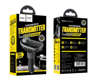 E45, Модулятор FM MP3 блютуз,
FM-трансмиттером Hoco E45 Happy Route позволяет слушать музыку с USB-флешки, карты памяти формата microSD или с вашего смартфона через магнитолу автомобиля. Кроме того, вы сможете заряжать одновременно два гаджета от одного гнезда прикуривателя.
Hoco E45 работает от сети с напряжением 12-24 В и оснащен двумя USB портами, в которые вставляются либо зарядные кабели, либо USB накопитель
Кроме того, вы можете подключить смартфон к модулятору по Bluetooth и слушать сохраненные в его памяти плей-листы.