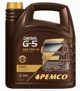 10W40 DIESEL G-5 5L, Ulei motor,
Pemco Diesel G-5 - полусинтетическое Ultra High Performance Diesel (UHPD) моторное масло, удовлетворяющее самым жестким требованиям производителей грузовых автомобилей. Синтетические компоненты обеспечивают высокий уровень эксплуатационных свойств. Обладает оптимальными низко-температурными характеристиками. Обеспечивает стабильную вязкость в широком диапазоне температур окружающей среды. Надежно защищает детали двигателя от износа и задира, как при холодном старте, так и при высоких рабочих температурах. Способствует экономичной работе двигателя.

Соответствует следующим спецификациям и/или допускам:
SAE 10W-40; UHPD; API CI-4/SL; ACEA E7/A3/B4;
VOLVO VDS-3; MTU Type 2; GLOBAL DHD-1;
MACK EO-M Plus; RENAULT RLD/RLD-2;
CUMMINS 20071/72/76/77/78; CAT ECF-2/ECF-1-a;
DEUTZ DQC III-05