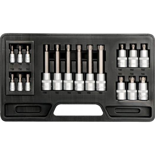 YT-7751, Set prize cu biti 1/2"-1/4" TORX T10-T60 CrV (18 buc),
Набор головок торцевых с насадками 1/2"-1/4" TORX T10-T60 CrV (18 шт)