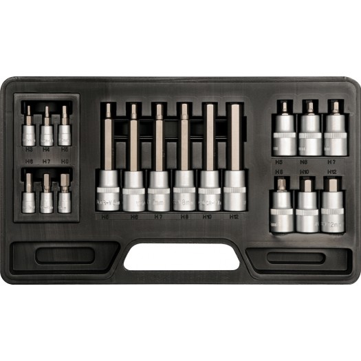 YT-7752, Set prize cu insertii 1/2"-1/4" HEX 3-12mm CrV (18buc),
Набор головок торцевых с насадками 1/2"-1/4" HEX 3-12мм CrV (18шт)