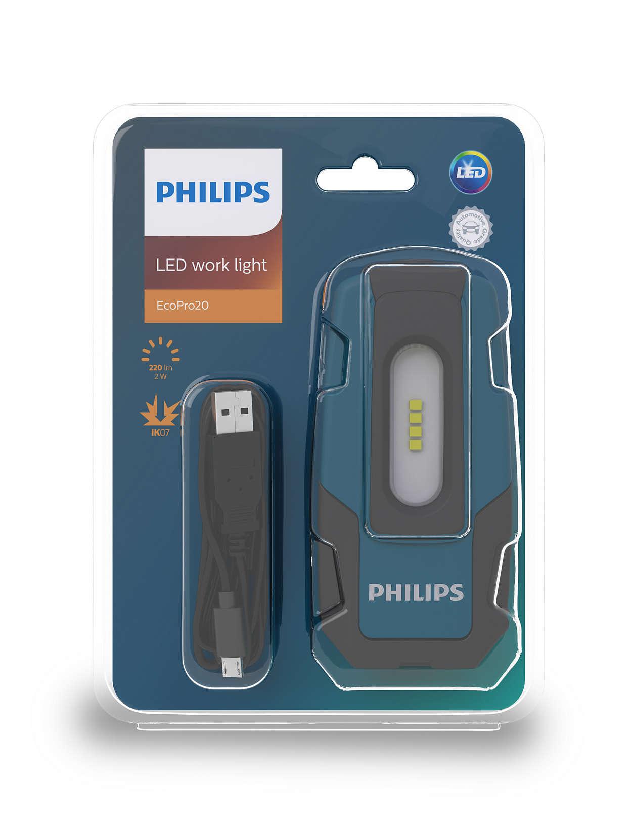 RC320B1, lampa Philips EcoPro20 LED,
• Светодиодный свет мощностью до 200 люменов
• Естественный белый свет: 6500 К
• До 3,5 часов работы без подзарядки
• Свободные руки благодаря магнитной поворотной базе и выдвижному поворотному крюку
• Портативное зарядное устройство можно использовать для подзарядки других устройств