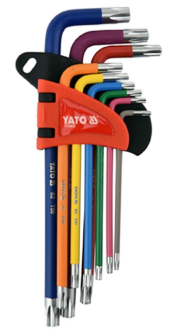 YT-05633, Set de chei TORX in forma de L Т10-Т50, S2 (9 buc),
Набор ключей TORX Г-образных удлиненных с отверстием Т10-Т50, S2 (9шт)
Размеры:	T10, T15, T20, T25, T27, T30, T40, T45,T50