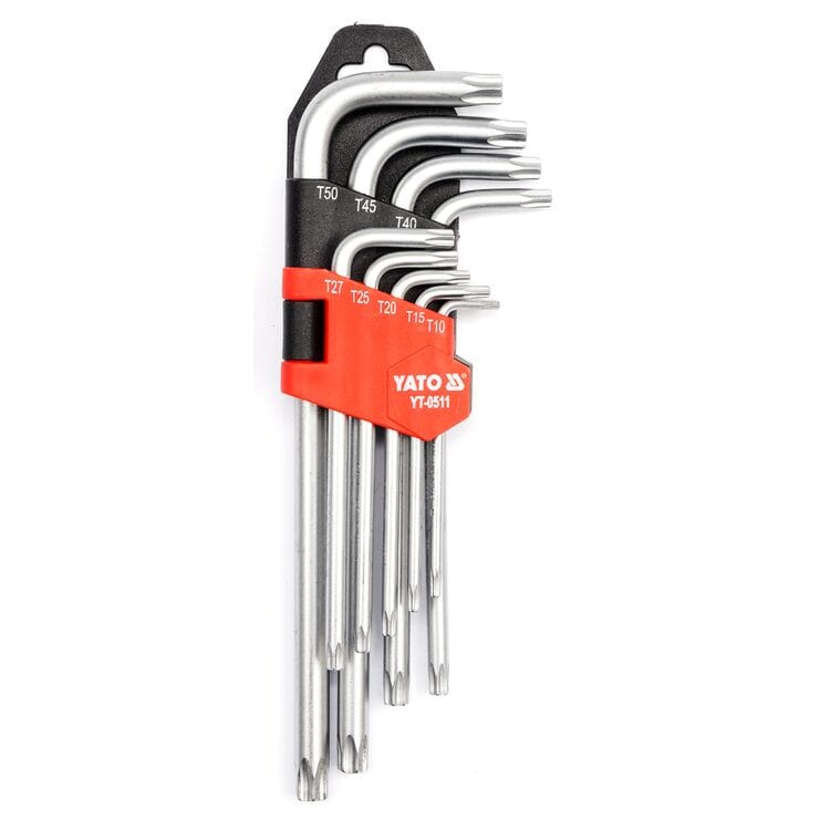 YT-0511, Set chei TORX in forma de L Т10-Т50 scurte cu orificiu CrV (9 buc),
Набор ключей TORX Г-образных Т10-Т50 короткие с отверстием CrV (9шт)
Содержание набора: T10, T15, T20, T25, T27, T30, T40, T45, T50