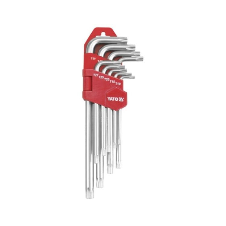 YT-0512, Set chei TORX in forma de L Т10-Т50 alungite cu orificiu CrV (9 buc),
Набор ключей TORX Г-образных Т10-Т50 удлиненные с отверстием CrV (9шт)
T10, T15, T20, T25, T27, T30, T40, T45, T50
