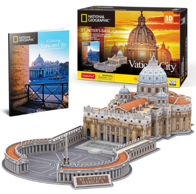 DS0997h, 3D Puzzle “Catedrala Sfintul Petru”, 101 elemente,
Пазлы 3D “Собор Святого Петра” 101 элемент
Вместе собирая 3D пазл со своими детьми, вы  можете им рассказать о том что Собор Святого Петра в Риме — это венец целого архитектурного ансамбля, один из самых известных и роскошных соборов в мире, расположенный в государстве-городе Ватикан. Базилика Святого Петра, считающаяся одним из самых святых мест в христианстве и самой большой церковью в мире, — это не просто самое важное здание в христианстве. Это жемчужина Ватикана, откуда папы распространяли слово Божье по всему миру.  Это самая большая церковь из существующих на сегодняшний день с огромнейшим куполом. Собор отличается невероятной красотой скульпутр, фресок, колонн, витражей, ведь над этим зданием трудились великие мастера такие как Микеланджелло, Фонтана и др.
Идет в комплекте с буклетом National Geographic об этом великолепном здании, по ходу собирания пазла, можно еще изучать Собор Святого Павла. Эта модель отлично подойдет в качестве подарка как для детей, так и для взрослых. и как тренажер для детей, и как сувенир, и как украшение.
3D пазл “Собор Святого Петра”, 101 элементов — это совершенно потрясающая модель собора, выполненная с невероятной детализацией, которая понравится любителям архитектуры и путешествий.
3D пазлы удивительное хобби которое развивает не только логического мышления, мелкую моторику, усидчивости и аккуратность, но и учит многому интересному о мире за весело проведенном времени в кругу семьи.
Размер товара   54,4 х 25,9 х 17 см
Размер коробки   29,8 x 6 x 21,8 см