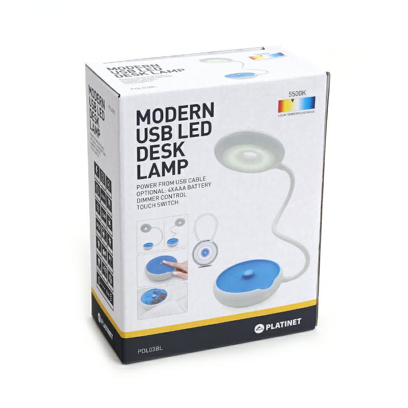 PDL03BL, Настольная лампа,
Настольная лампа гибкая 3,5W USB 
Светодиодная настольная лампа с питанием от порта USB.
Имеет возможность регулировать интенсивность освещения.
Характеристики:
Номинальная мощность: 3,5 Вт макс
Номинального светового потока макс: 160 лм
Цветовая температура: 5500K холодный белый
Ток лампы: DC5V / 0.5A
Угол: 110 °
Температура: - 10 до + 45 ° С
Коэффициент мощности:> 0,4
Тип и количество светодиодов: 18PCS SMD2835
CRI:> 80 Ra
Время запуска: <0,5 с
60% значения светового потока: <1 с
95% значения светового потока: <2 с
Срок службы: 35 000 часов
Номинальный срок службы лампы: 35 000 часов
Количество циклов включения / выключения: 15 000
Степень защиты IP: IP20
Размеры: 110x330 мм
Коэффициент обслуживания люмена в конце номинального срока службы:> 0,7
Лампа не предназначена для акцентированного освещения.