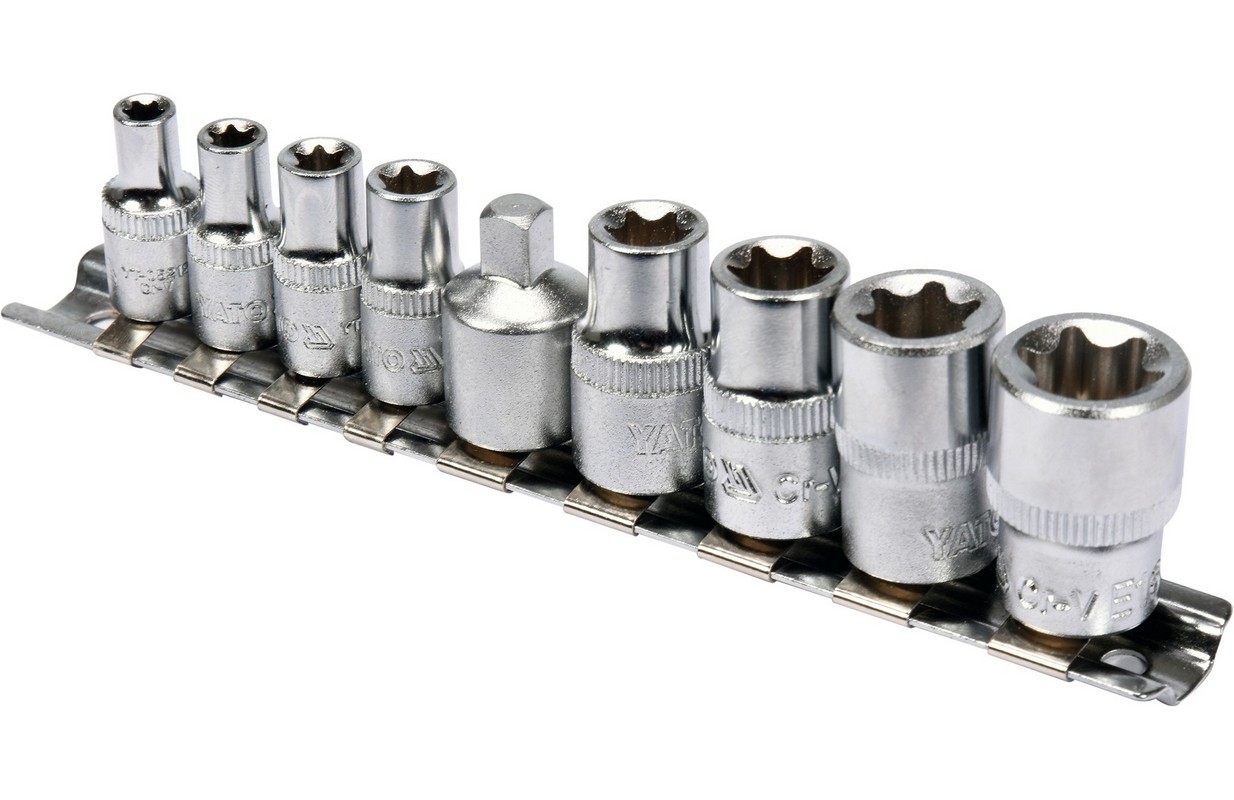 YT-0520, Набор торцовых головок TORX 1/4-3/8; Е5-Е16 (9 шт),
Набор торцовых головок TORX 1/4-3/8; Е5-Е16 (9 шт)
Комплектация
Торцевые головки 1/4": E5; E6; E7; E8
Торцевые головки 3/8": E10; E12; E14; E16
Переходник M1/4" x F3/8"