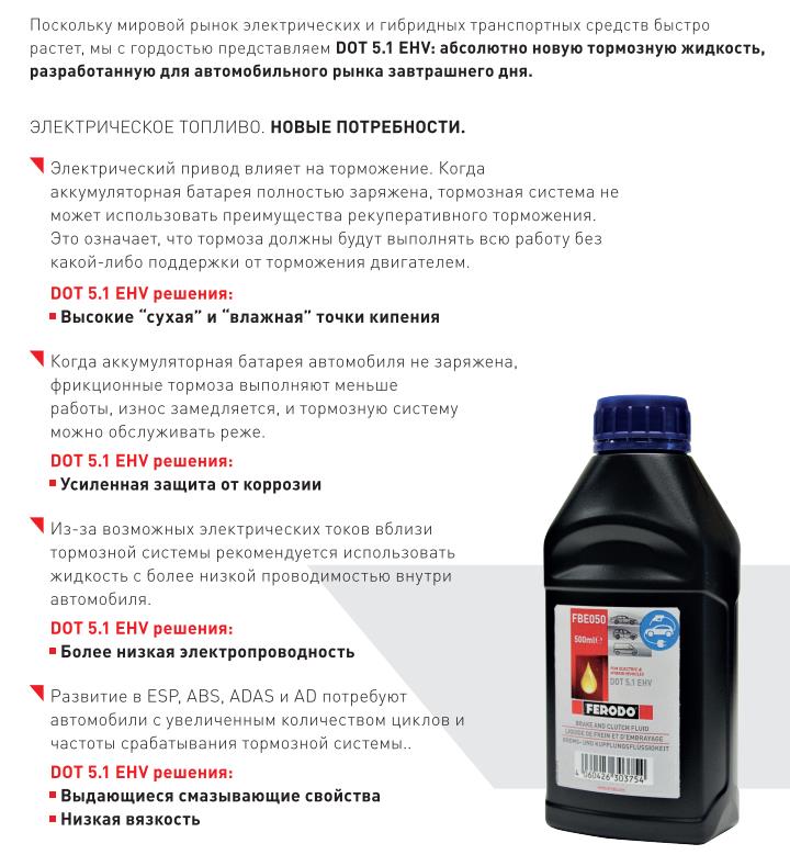 FBE050, Тормозная жидкость  (for hybrid auto) DOT 5.1 EHV 500ml,
Тормозная жидкость рекомендуемая для гибридных и электрических авто.
Коробка 24шт по 0,5л    FBE050 DOT 5.1EHV 

FBE050 DOT 5.1EHV наделена рядом улучшенных характеристик, с помощью которых оптимизируются общие характеристики тормозной системы. В связи с тем, что модели EHV оснащены большими, тяжелыми батареями, в некоторых ситуациях требуется дополнительная тормозная мощность. Требования тормозных систем обычных авто достаточно сильно отличаются от требований к силовым агрегатам электрических и гибридных транспортных средств. Поэтому специализированная тормозная жидкость имеет решающее значение для более “зеленых” видов транспорта.

«Тормозная жидкость FERODO FBE050 - это первая жидкость, специально разработанная и способствующая повышению эффективности и надежности тормозной системы гибридных и электрических транспортных средств».