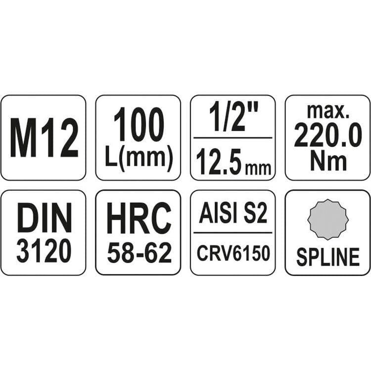 YT-04354, 1/2" Головка-бита Spline удлиненная M12, L=100 мм,
1/2" Головка-бита Spline удлиненная M12, L=100 мм