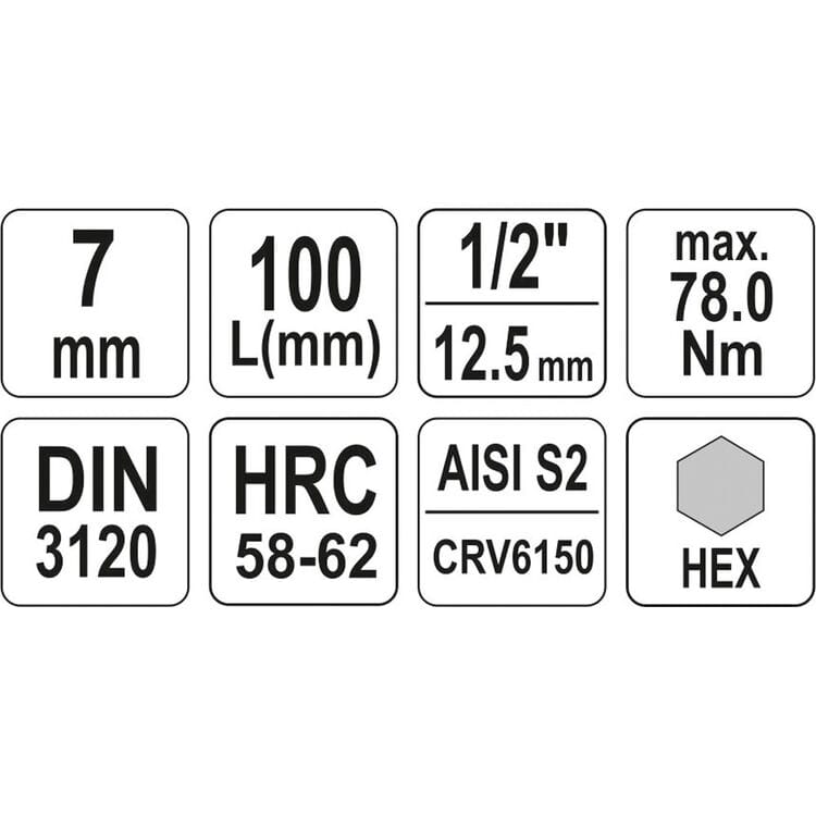 YT-04393, 1/2" priza hexagonala lunga (HEX) M7, L=100 mm,
1/2" Головка-бита шестигранная удлинённая (HEX) M7, L=100 мм